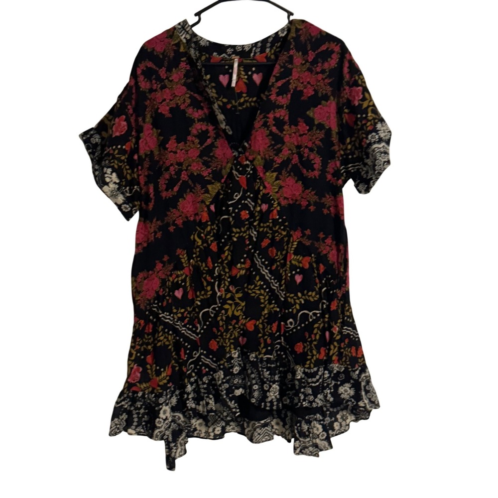 Free People Mixed Floral Heart Print V-Neck Ruffle Mini Dress Black Pink XS - Picture 4 of 4